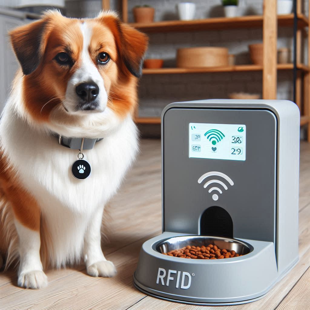 A dog waiting for the RFID pet feeder to serve food