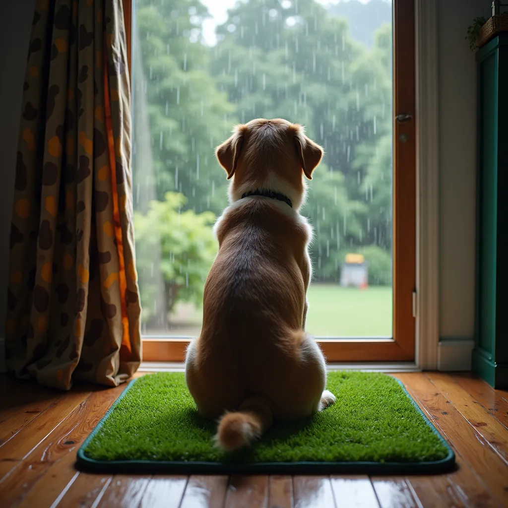 Dog using an indoor potty while it is raining outside